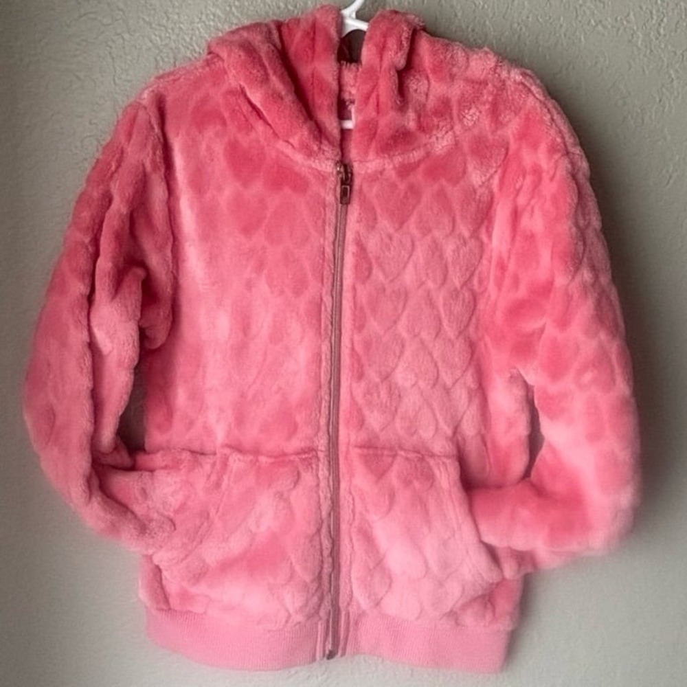 Real Love Girl's 6X Pink Fleece Hooded Zip-up Jacket with heart's‎ designed